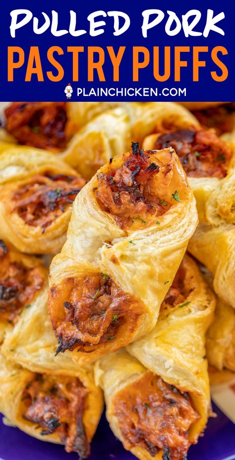 Pulled Pork Pastry Puffs - only 4 ingredients! Great recipe for a quick lunch, dinner or party. Smoky pulled pork tossed with BBQ sauce and cheese then baked in puff pastry. SO good! Can make ahead and freeze for later. We love to serve these with some coleslaw and extra BBQ sauce or Ranch for dipping. YUM! #pulledpork #partyfood #appetizer #tailgating Puff Recipe, Pulled Pork Recipes, Weight Watchers Desserts, Quick Lunch, Puff Pastry Recipes, Football Food, Quick Lunches, Pork Chop Recipes, Pork Dishes