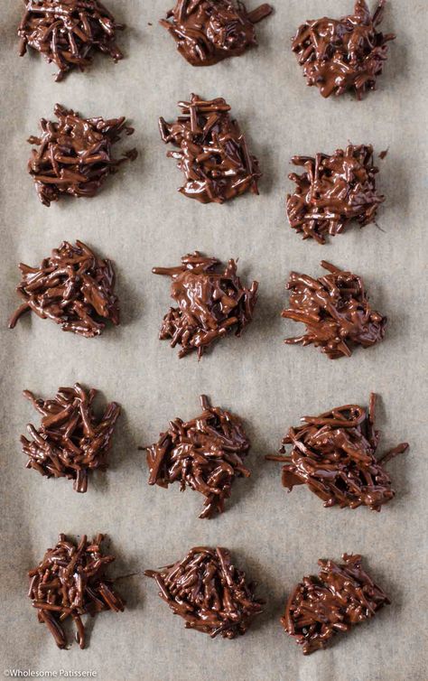 Chocolate Spiders - Wholesome Patisserie Chocolate Peanut Butter Haystacks, Chocolate Haystack Cookies, Peanut Butter Haystacks, Birds Nests Recipe, Spider Food, Peanut Butter Cornflake Cookies, Chocolate Haystacks, Haystack Cookies, Chocolate Spiders