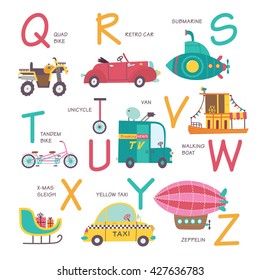 Vector alphabet transport in cartoon style.Q, R, S, T, U, V, W, X, Y, Z,. Part 3. Car Dump, Vector Alphabet, Chalkboard Invitation, Hand Drawn Vector Illustrations, Alphabet For Kids, Learn English Vocabulary, A B C D, Learning English, Retro Cars