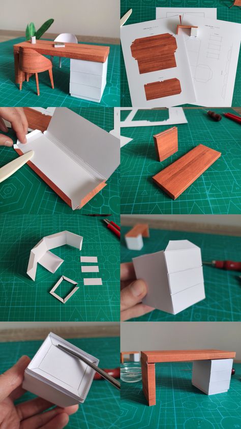 Craft a 1:12 and 1:24 scale office desk model with paper using a printable PDF template. This diy paper craft project is beginner-friendly and all you need are some innexpensive tools and materials, like glue, printer paper and a scoring tool. You can read the instruction with photos, if you need help getting started. You can place the assembled desk model in your dioramas, dollhouse or simply as decoration for your home. Paper Furniture Diy, Diy Cardboard Miniatures, Project Brief Template, Paper Craft Furniture, Paper Craft Miniature, Architecture Model Making Materials, Diy Paper Miniatures, Papercraft Printable Miniature, Miniature Crafts Diy Ideas