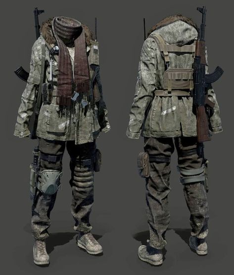 Apocalypse Gear Outfits, Survival Outfit Post Apocalyptic, Apocalypse Art Reference, Mens Apocalypse Fashion, Apocalyptic Clothing Drawing, Cold Apocalypse Outfit, Dystopian Winter Outfit, Apocalypse Outfit Concept Art, Apocalypse Core Clothes