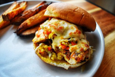 Giardiniera Chicken Sandwiches - Mary Mangia Giardiniera Chicken, Chicken Giardiniera, Seasoned Chicken Breast, Chef Girl, Sandwiches Chicken, Bbq Chicken Pasta, Cutlet Recipes, On A Bun, Cutlets Recipes