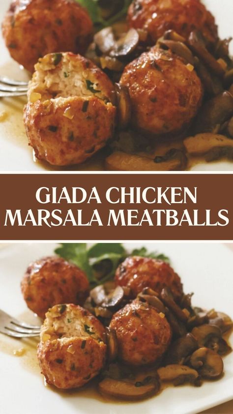 Giada Chicken Marsala Meatballs Chicken Marsala Meatloaf, Chicken Marsala Meatballs Giada, Marsala Chicken Meatballs, Giada Meatballs Recipe, Pork Marsala Recipe, Giada Chicken Marsala, Tender Meatballs Recipe, Amylu Chicken Meatballs Recipes, Giada Appetizers