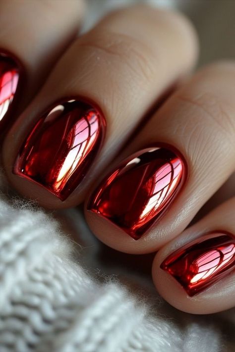 Red Metalic Nails Ideas, Red And Black Chrome Nails Designs, Unique Nail Color Ideas, Pink And Red Chrome Nails, Red Designs Nails, Red Chrome Nails Designs Valentines, Red Iridescent Nails, Chrome Red Nails Designs, Best Chrome Nails