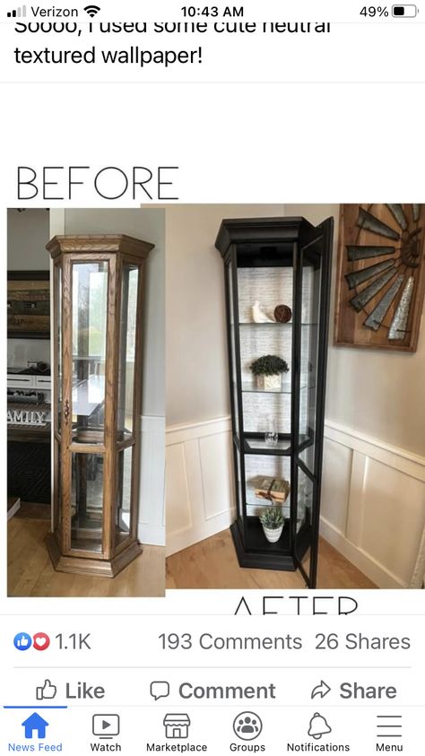 Glass Curio Cabinet Makeover, Refurbished Curio Cabinet, Curio Cabinet Makeover Before After, Curio Makeover, Curio Cabinet Redo, Painted Curio Cabinets, Curio Cabinet Makeover, Small Curio Cabinet, Curio Cabinet Displays