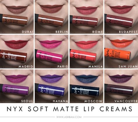 NYX Soft Matte Lip Cream's newest colors. I love Madrid and Vancouver. Nyx Lip Swatches, Nyx Rome Lip Cream, Nyx Lip Cream Swatches, Nyx Rome, Nyx Dubai, Nyx Soft Matte Lip Cream Stockholm, Nyx Suede Matte Lipstick, Nyx Soft Matte Lip Cream Budapest, Nyx Soft Matte Lip Cream Swatches