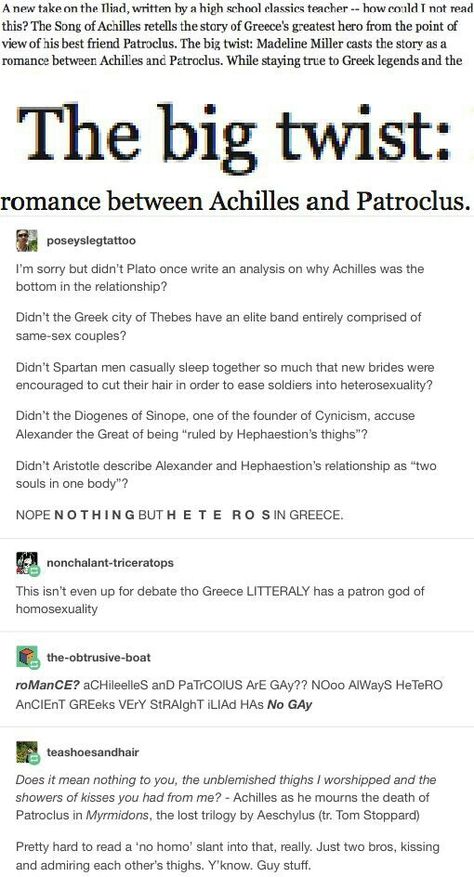 It is still a mystery to me that anyone tries to act like this is still a surprise. This post chain is funny though. :D Queer Greek Mythology, The Iliad Funny, Gay Greek Mythology, Greek Love, Greek Mythology Humor, Achilles And Patroclus, Horrible Histories, Big Twist, History Humor