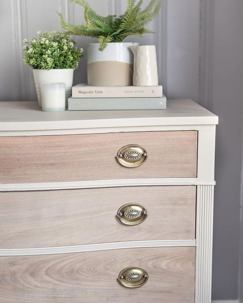 SOLD-I love all the neutral tones on this dresser! I used @fusionmineralpaint in the color “Cathedral Taupe” for the body, and as a paint… | Instagram Two Tone Dresser White, Two Tone Stained Furniture, Two Toned Dresser, Two Tone Furniture, Julie Lee, Dresser Flips, Two Tone Dresser, Refinished Dresser, Raw Wood Furniture