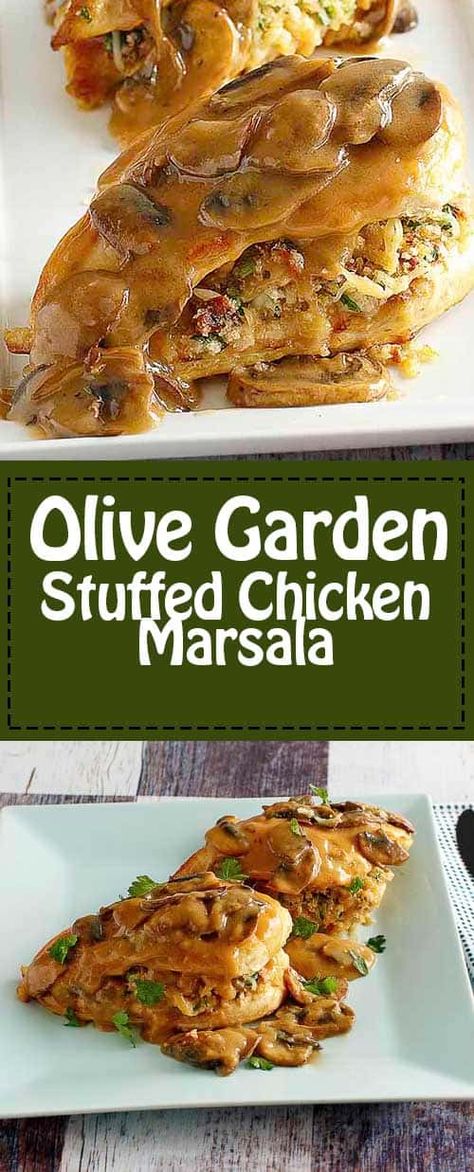 Make the Olive Garden Stuffed Chicken Marsala at home. #olivegarden #chicken #copycat | CopyKat.com Stuffed Chicken Marsala, Chicken Marsala Recipe, Marsala Recipe, Marsala Chicken Recipes, Cheese Stuffed Chicken, Chicken Marsala, Stuffed Chicken, Boneless Skinless Chicken, Olive Garden