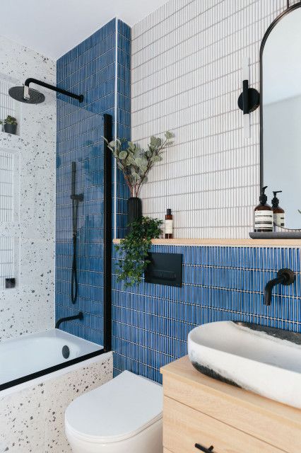 Light and Bright Blue Bathroom - Coastal - Bathroom - London - by My Bespoke Room | Houzz UK Bright Blue Bathroom, Blue Small Bathrooms, Recessed Shower Shelf, Kids Bathroom Design, Contemporary Toilet, Bright Bathroom, Bathroom Inspiration Modern, Kids Interior Room, Shower Shelves