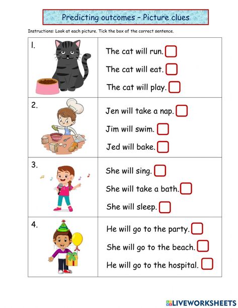 Predicting Outcomes Worksheet For Grade 2, Predicting Outcomes Worksheet, Communication Worksheets For Kids, Grade 1 Assessment, Prediction Worksheet, Sentence Comprehension, Grade 2 Language, Esl Preschool, Brain Gym Exercises