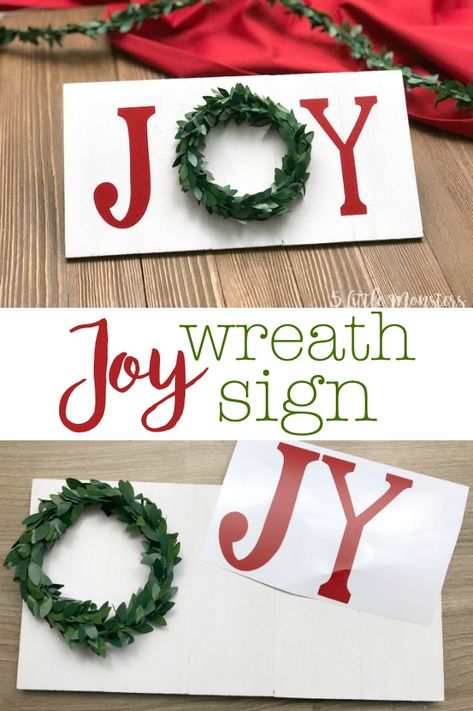 Joy Wreath Sign made with a wooden sign, vinyl letters, and a miniature wreath Joy Signs Wooden, Miniature Wreath, Unique Wreaths, Joy Wreath, Joy Sign, Wreath Signs, Homemade Stuff, Christmas Crafts For Kids To Make, Christmas Vinyl