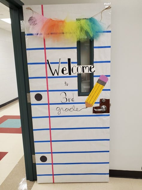 I wanted to make my room feel extra inviting this year. Third Grade Door Decorations, Notebook Paper Door Decoration, Pencil Door Decoration, Cute Classroom Doors, Teacher Classroom Door Ideas, Notebook Paper Classroom Door, Classroom Back To School Door, Beginning Of Year Classroom Door Ideas, English Class Door Decoration