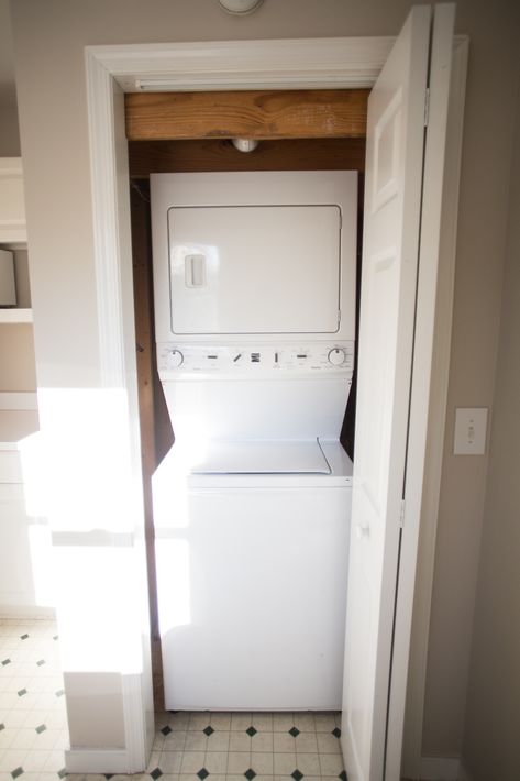 Maximize Space in a Small Laundry Closet - Live Free Creative Co Small Laundry Room Closet, Small Laundry Closet, Laundry Closet Makeover, Samsung Home, Small Laundry Room Makeover, Small Closet Space, Kitchen Aid Appliances, Samsung Appliances, Retro Appliances