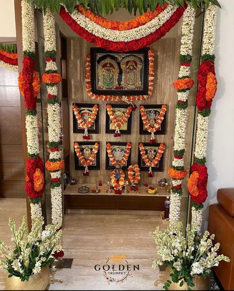 Indian Pooja Room, Pooja Room Ideas, Pooja Room Door, Door Flower Decoration, Pooja Door, Pooja Door Design, Home Flower Decor, House Outer Design, Housewarming Decorations