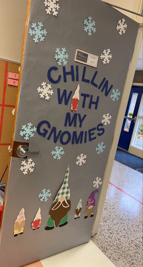 Gnome classroom door Gnome Office Door Decoration, Gnome Christmas Door Decorating Contest, Gnome Door Decorating Contest, Preschool Door Christmas Ideas, Chilling With My Gnomies Classroom Door, Christmas Door Decorations For Daycare, Preschool Door Decorations Winter, Gnome Door Decoration School, Christmas Door Decorations For High School