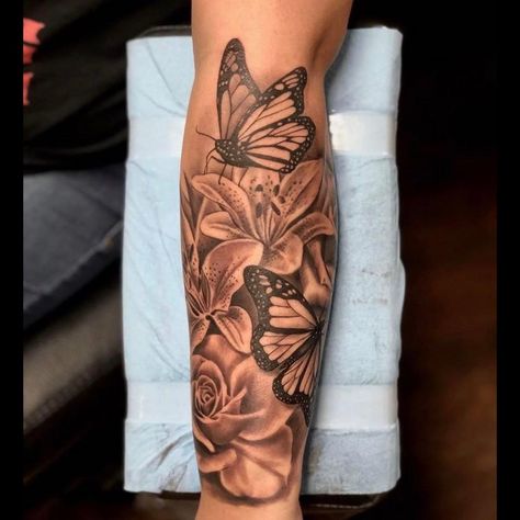 Top Of Arm Sleeve Tattoos For Women, Butterfly Garden Tattoo Sleeve, Floral And Butterfly Sleeve Tattoo, Butterfly Arm Tattoos For Women, Lower Arm Sleeve Tattoo, Lower Arm Tattoos For Women, Lower Arm Sleeve, Black Gray Tattoo, Butterfly Sleeve Tattoo