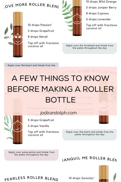 Ever wonder what you need to know before making a roller bottle? Making essential oil roller bottles is easy but there are a few things to know to help you along the way. Check out my blog post for more information about making essential oil roller bottles and for some great roller bottle recipes. Diy Essential Oil Roller Blends, Roller Ball Perfume Recipes, Essential Oil Roller Recipes, Essential Oil Roller Bottle Recipes Doterra, Essential Oil Recipes For Roller Bottles, Calming Essential Oil Blend Roller, Essential Oil Roller Bottle Blends, Essential Oil Roller Bottle Recipes, Roller Bottle Recipes