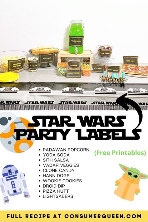 Star wars party set up with black and yellow food labels like Padawan popcorn and droid dip Star Wars Party Food Labels, Star Wars Pool Party Ideas, Star Wars 2nd Birthday Party, Star Wars Pool Party, Star Wars Food Labels, Star Wars Party Printables, Star Wars Printables Free, Free Printable Star Wars, Mandalorian Birthday