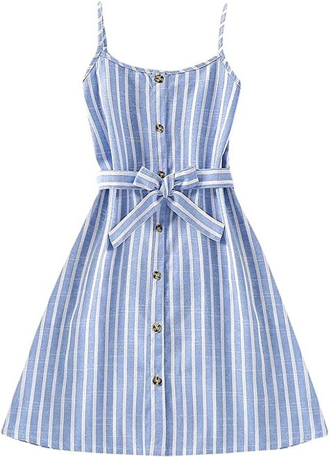 Amazon.com: Romwe Girl's Cute Striped Spaghetti Strap Button Front Belted Summer Cami Dress Blue and White 150 Blue Striped Print: Clothing, Shoes & Jewelry Nike Baby Clothes, Toddler Girl Closet, Clothes Target, Carters Baby Clothes, Boss Mama, Girls Denim Dress, Singapore Fashion