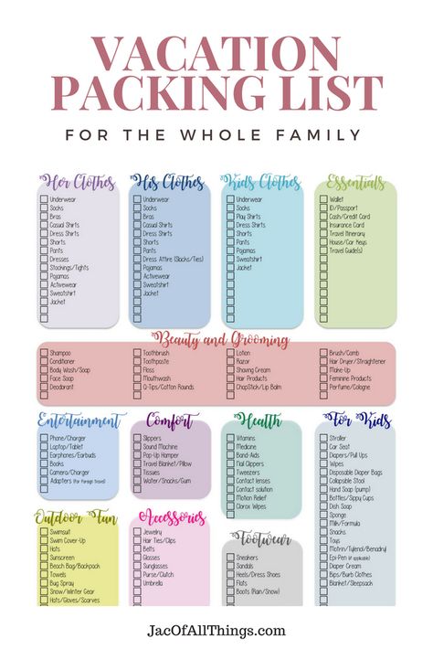 Packing is tough! Follow this ultimate packing list for the whole family to make packing easier! Family Vacation Packing List, Beach Vacation Packing, Travel Packing Checklist, Vacation Packing List, Ultimate Packing List, Beach Packing, Road Trip Packing, Packing List For Vacation, Packing Checklist