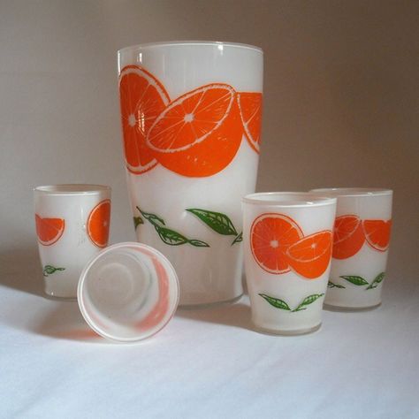 Juice Glass Set, Retro Glassware, Vintage Drinking Glasses, Juice Glass, Orange Blossoms, Orange Slice, Kitchen Glass, Vintage Pitchers, Drink Ware