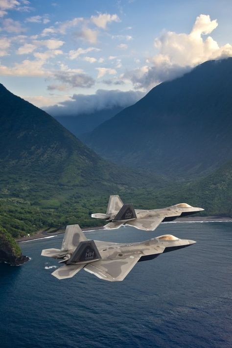 This is where the slick photos of military jets come from - The Washington Post F-22 Raptors at Hickam AFB, Hawaii. (Source: Lockheed Martin): Raptor Reference, Photo Avion, Aviation Nation, Ace Combat, Big Birds, Ww1 Aircraft, F22 Raptor, Lockheed Martin, Jet Fighter