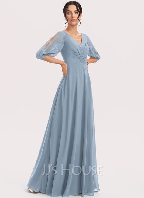 A-line V-Neck Floor-Length Chiffon Bridesmaid Dress With Ruffle (007255863) - JJ's House Bridesmaids Gowns With Sleeves, Long Green Bridesmaid Dresses, Bridesmaid Dresses Long Blue, Light Blue Bridesmaid Dresses, Light Blue Bridesmaid, Long Sleeve Bridesmaid Dress, Fall Bridesmaid Dresses, Bridesmaid Dresses With Sleeves, Dusty Blue Bridesmaid Dresses