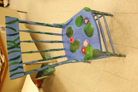 Painted Chairs after famous artists for National Art Honors Society fundraiser (Auctioned off!) This one is Monet's waterlillies National Art Honor Society Ideas, Monet Projects For Middle School, Monet Art Projects For Kindergarten, Monet Inspired Art For Preschool, Monet Water Lilies For Kids, Artist Chair, Famous Chair, National Honor Society, Famous Artists Paintings