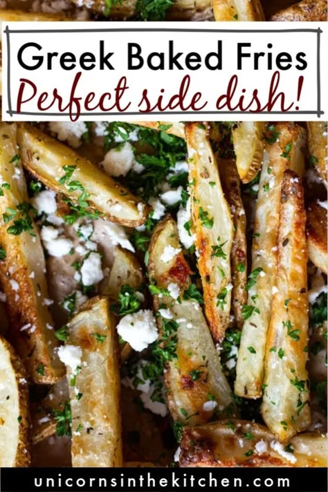 Feta French Fries, Greek French Fries, Greek Fries Recipe, Greek Side Dishes, Greek Goodness, Greek Fries, Oven Baked Fries, Side Ideas, Best Potato Recipes