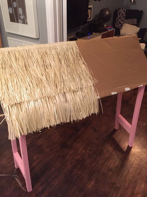 While browsing around at the party supplies store, I came across some amazing luau party decor ideas. One of them was this adorable tiki bar set up. I looked at the price tag, and was shocked to see that the cost was $45.00 (just for the plastic tiki bar frame). My wheels started spinning, and my newest DIY project took shape, as I knew I could create something equally as cool, but for a fraction of the price. I knew there was some scrap wood in my husband’s mancave, so I cut 6 pie… Diy Tiki Bar, Luau Party Decor, Tiki Bars Diy, Tropisk Fest, Lila Party, Aloha Party, Bar Diy, Hawaiian Party Decorations, Hawaiian Luau Party