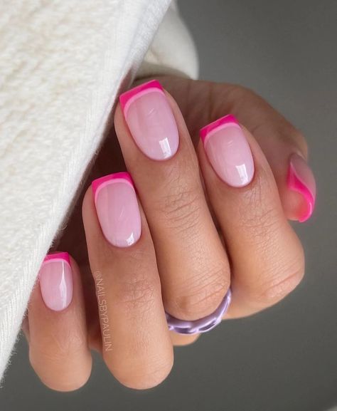 Gel Nail Polish Designs Classy, Summer Cruise Nail Ideas, Pink Double French Tip Nails, Color French Tip Nails Square, Double French Tip Nails, Double French Tip, Neon French Manicure, Dark Pink Nails, Cruise Nails