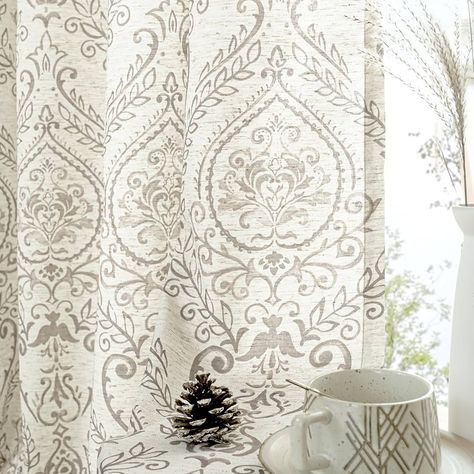 Amazon.com: LAMIT Linen Curtains for Living Room 84 Inch Length 2 Panels Set, Vintage Damask Printed Linen Curtains Grommet Light Filtering Window Drapes for Bedroom/Farmhouse, Taupe, Each 52 x 84 Inch : Home & Kitchen Living Room Curtains Ideas Farmhouse, Gauze Curtains, Taupe Curtains, Farmhouse Style Curtains, French Country Fabric, Curtains Grommet, Classic Curtains, Retro Curtains, Aesthetic Decoration