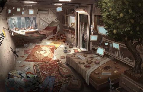 Can you help me find more images of cyberpunk living spaces. Here's an example of what kind of thing I'm looking for. Cyberpunk Interior, Concept Art Landscape, Interior Concept Art, Sf Wallpaper, Spaceship Interior, Sci Fi Environment, Cyberpunk City, Interior Concept, Desktop Backgrounds