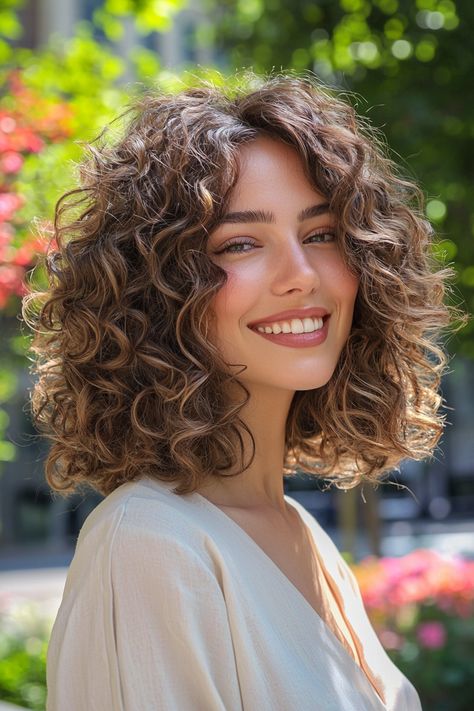 Discover the magic of shoulder length curly hairstyles that exude charm and elegance! This delightful look features bouncy, well-defined curls that frame the face beautifully, creating a soft and romantic vibe. Perfect for any occasion, these curly hairstyles are versatile and easy to style, allowing you to embrace your natural texture while showcasing your personality. Don't miss out—unleash your hair's potential! #curlyhairstyles Short Curly Haircuts Long Face, Curly Hair Parted To The Side, Curly Hair On Round Face, Natural Texture Hair, Curly Cut Shoulder Length, Curly Hair Business Professional, Shoulder Length Curly Haircuts Natural Curls, Elegant Shoulder Length Hairstyles, Curly Caramel Balayage