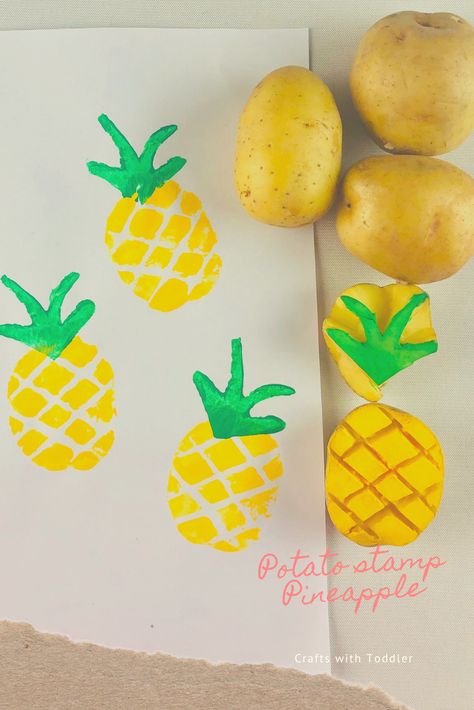 Easy Potato stamp pineapple activity for kids #pineapple #pineapplecrafts #potatoes #potatostamping #vegetables #vegetablestamping #stamping #stampingtechniques Fruit Stamp Art, Pineapple Activities For Preschool, Potato Painting Ideas, Potato Printing Kids, Pineapple Activities For Kids, Potato Stamps For Kids, Vegetable Stamping Art, Pineapple Craft Preschool, Vegetables Printing Ideas For Kids