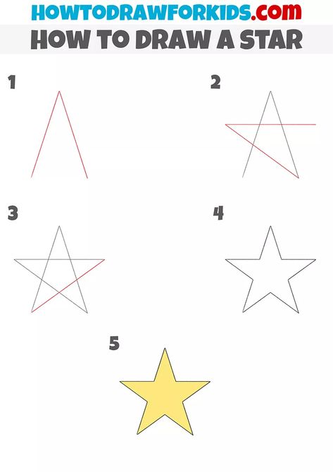 How to Draw a Star Step by Step - Easy Drawing Tutorial For Kids How To Draw Stars On Nails Step By Step, Star Drawing On Hand, Easy Star Nail Tutorial, How To Draw A Star On A Nail, Drawing A Star Step By Step, Star Tutorial Nails, Christmas How To Draw For Kids, Star Drawing Tutorial, How To Draw A Star Easy