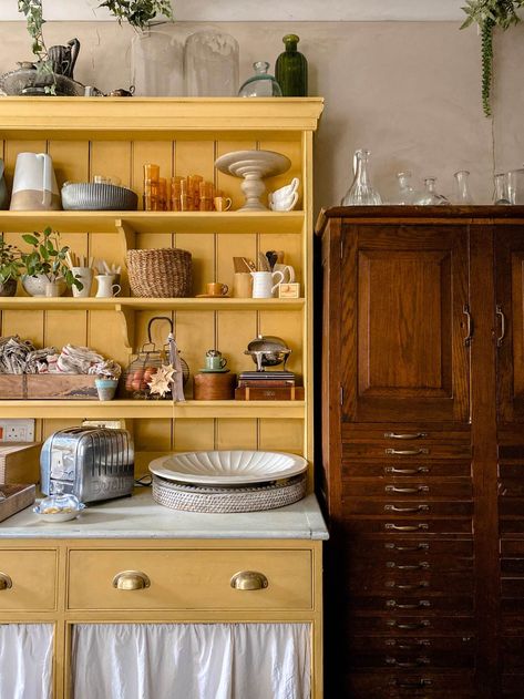 I’m Just Mad About Saffron – Hashtag Slow Yellow Country Kitchens, Chalk Paint Kitchen, Kitchen Revamp, French Dresser, Kitchen Dresser, Oak Panels, Country Kitchen Decor, Dark Wax, Yellow Kitchen