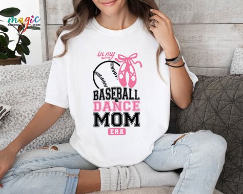 In My Baseball and Dance Mom Era Shirt, Baseball Mom Era Shirt, Dance  Mom Era Shirt, Ballet Mama T-shirt, Dance Mama Shirt ⚡We choose one of these brands according to stock status;  ⚡Bella Canvas, Gildan Soft Style, Next Level, and outswear. ⚡All shirts are soft style, If you want a specific brand, please tell us.  * Cotton/Poly Material - Super soft! || HOW TO ORDER? || It's easy to place an order! Please check the theme, color, and size of all images in this listing. - From the drop-down menu White Short Sleeve Tops For Dance Class, White Letter Print Top For Dance Class, White Letter Print Top For Dance, White Short Sleeve T-shirt For Dance, Ballet Mom Shirt, Ballet Mom, Pageant Mom, Dance Mom Shirts, Dance Mom