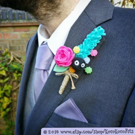 Studio Ghibli Wedding, Ghibli Wedding, Corsage Groom, Gamer Wedding, Whimsical Wedding Inspiration, Geeky Wedding, Nerdy Wedding, Soot Sprite, Anime Wedding