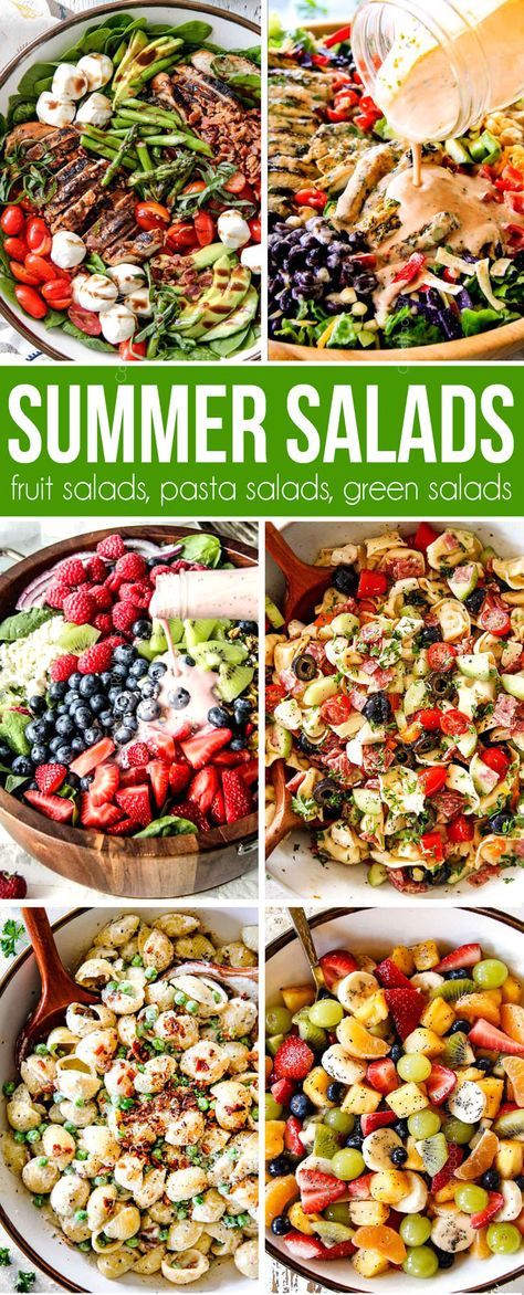 The best summer salad recipes from fruit salads to green salads tot pasta salads all in one place! #salad #saladrecipes #saladdressing #saladideas #chickenfoodrecipes #summerrecipes #fruitsalad #pasta #pastasalad #pastarecipes #potluck #sidedishrecipes #4thofjuly Best Summer Salad Recipes, Salad Taco, Salad Macaroni, Best Summer Salads, Salad Quinoa, Salad Kale, Green Salads, Different Salads, Carlsbad Cravings