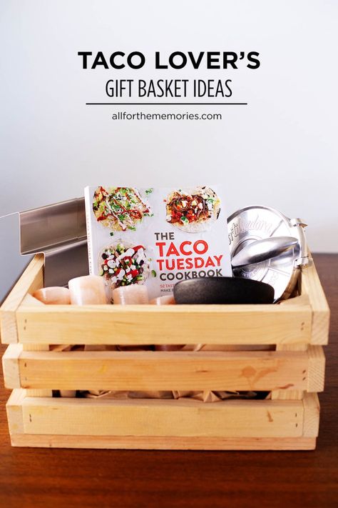 Easy gift basket idea for taco lovers to fit any holiday budget. Taco Themed Gifts, Taco Themed Gift Basket, Mexican Themed Gift Basket Ideas, Taco Gift Basket, Taco Night Gift Basket, Taco Gift Basket Ideas, Hommade Gifts, Easy Gift Baskets, Auction Gift Basket Ideas