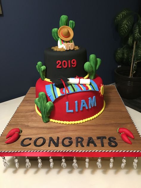 #Graduation #cake with a #mexican theme in #fondant with #cactuses, #jalapeños, mexican man, blanket with grad hat and certificate 50th Birthday Party Ideas For Men, Mexican Cake, Mexican Man, Mexican Baby Shower, Mexican Birthday Parties, Grad Cake, Graduation Party Cake, Cactus Cake, Grad Hat