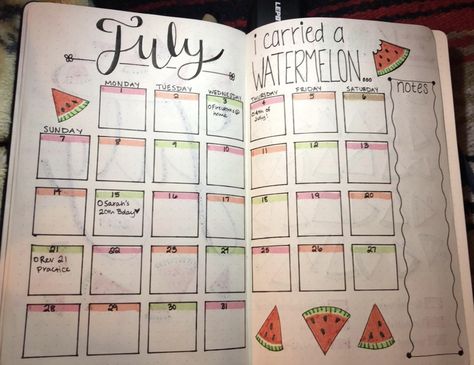 July Bujo Calendar, June Calendar Ideas, July Calendar Ideas, Watermelon Calendar, Bujo Watermelon, Watermelon Bujo Theme, Bullet Journal Monthly Calendar, Bullet Journal Fruit Theme, July Bullet Journal Calendar