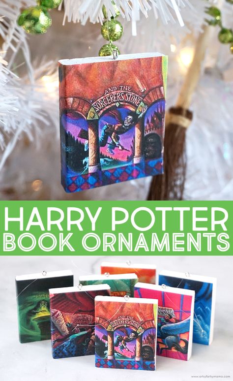 Harry Potter Book Ornaments #christmas #christmascrafts #harrypotter #harrypottercrafts #diyornament #hpcrafts #christmasornaments #diychristmas Harry Potter Chirstmas Tree, Harry Potter Book Ornaments, Free Printable Harry Potter Ornaments, Harry Potter Christmas Printables, How To Make Book Ornaments, Book Themed Christmas Ornaments, Harry Potter Pillows Diy, Book Character Ornaments, Diy Book Ornaments