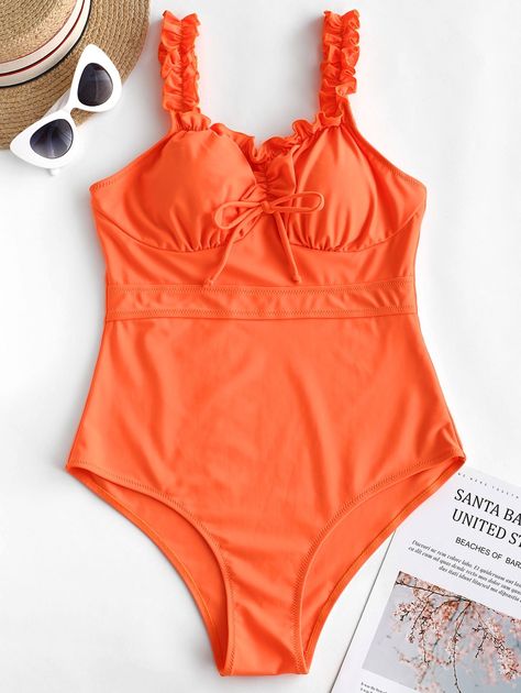 ZAFUL Tie Frilled Neon One-piece Swimsuit  ORANGE , #spon, #Frilled, #Tie, #ZAFUL, #Neon, #ORANGE #Ad Cute One Piece Bathing Suits, Swimsuit Cute, Swimsuit High Waisted, Bathing Suit Styles, Cute One Piece, One Piece Bathing Suits, Retro Swimwear, High Cut Swimsuit, High Waisted Bathing Suits