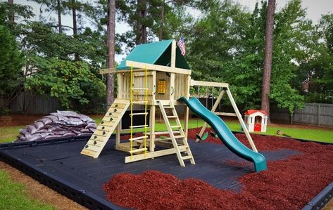 Landscaping Under Swingset, Sandbox Around Playset, Playset Border Ideas, What To Put Under Playset, Under Playset Ideas, Diy Playground Border, Playground Backyard Landscaping, Playset Landscaping, Playground Rubber Mulch