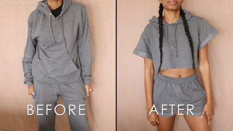 Here's another fun summer DIY! This is an easy and quick way to transform a basic hoodie and sweatpants into a hooded crop top and shorts set with no sewing at all!... Crop Sweatshirt Diy, Cut Sweatshirt Diy, Diy Cropped Hoodie, Fun Summer Diy, Diy Fashion Tops, Clothes Upcycling, Cut Hoodies, Crafts Clothes, Diy Summer Clothes