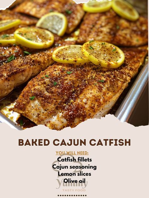 🐟 Spice up your meal with Baked Cajun Catfish! Quick, delicious, and healthy. #FishFeast Baked Cajun Catfish Ingredients: Catfish fillets Cajun seasoning Lemon slices Olive oil Instructions: Rub catfish with Cajun seasoning and a drizzle of olive oil. Place lemon slices on top, bake until flaky. 🌶️🐠 Experience the bold flavors of Cajun spices paired with the freshness of catfish. Perfect for a nutritious weeknight dinner. Dive into flavor with #CajunCatfishAdventure! Oven Baked Catfish Fillets, Baked Cajun Catfish, Baked Catfish Fillets, Stuffed Catfish, Cajun Catfish, Catfish Dinner, Catfish Fillets, Baked Catfish, Cajun Spices