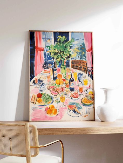 Dinner Party Food Print, Retro Food Art, Vintage Kitchen Poster, Kitchen Decor, Food Illustration Art, Food Poster, Gift for Chef - Etsy Dinner Table Painting, Dinner Party Painting, Illustration Art Food, Dinner Table Food, Dinning Room Art, Modern Kitchen Art, Retro Coffee Tables, Gift For Chef, Kitchen Decor Vintage